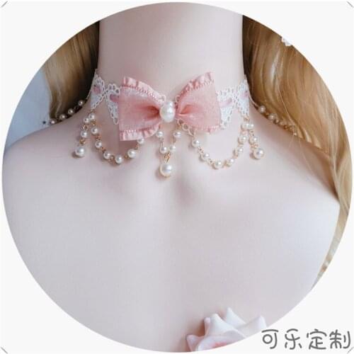 The Original Lolita Love Lace Bow Pearl Necklace Tea Party Flower Marriage Japanese Hand - made Clavicle Chain