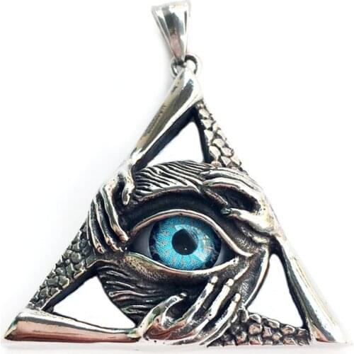 Mens Gothic Punk Ornament Stainless Steel Triangle Skeleton Bone Gem Eyes Titanium Steel Necklace Pendant