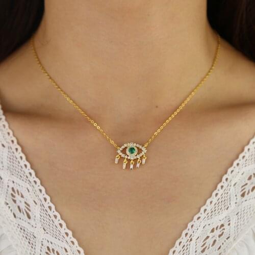 Gold color baguette cz drop eye jewelry white green cubic zirconia turkish evil eye pendant necklace
