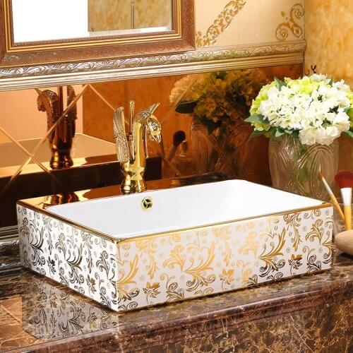 Rectangular Europe Style Counter Top porcelain wash basin bathroom sinks ceramic bathroom sinks countertops golden pattern