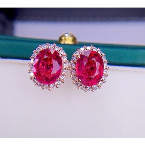 E708 Fine Jewelry Real 18K Rose Gold Red Tourmaline 2.9ct Gemstone Drop Earrings for Women