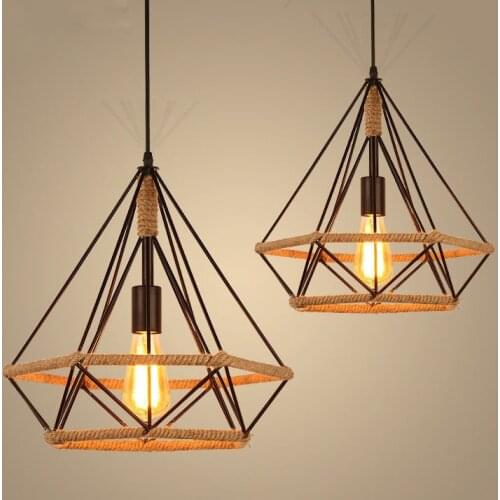 Iron Pendant Light Vintage Retro Hemp Rope Cage Dining Room Bar Cafe Restaurant Indoor Suspension Luminaire Hanging Fixtures