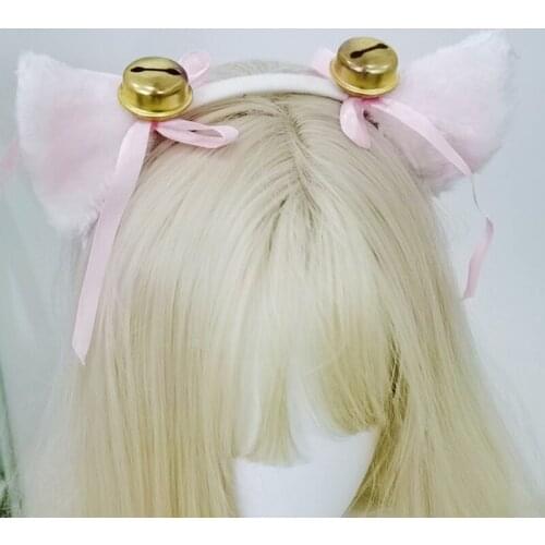 Japanese Lolita Cosplay Headband Sweet Faux Fur Plush Cat Ears Hair Hoop with Bells Bow Masquerade Anime Party Costume