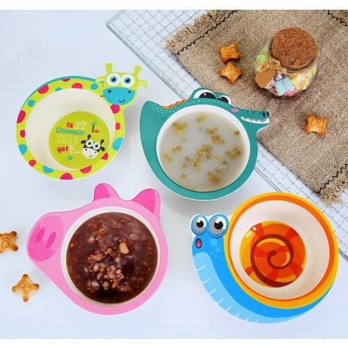 Health Kids Natural Bamboo Fiber Bowls Cute Cartoon Animal Dishes Baby Feeding Tableware Children Infant Toddler Plates Gift Box