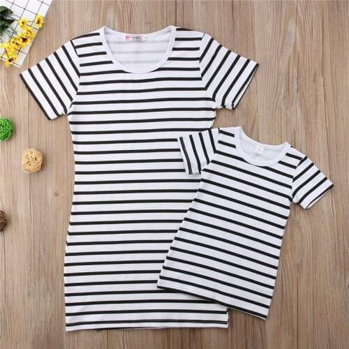 Women Girls Striped T-shirt Tops Family Clothes Cross Stripe Casual Cotton Dresses Mother Daughter Matching Dress