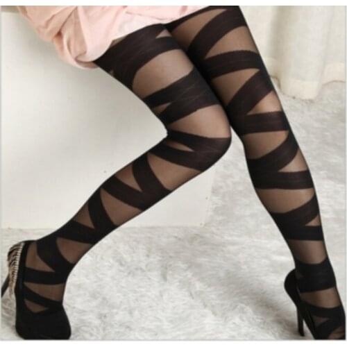 Women Sexy Skinny Stockings Vertical Stripe Transparent Fashion Cross Bandage Breathable Pantyhose Stockings