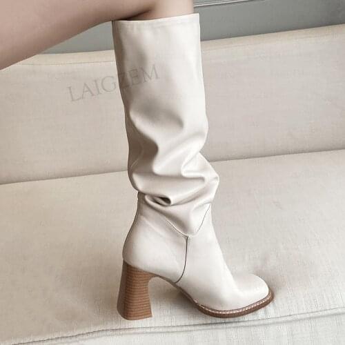 LAIGZEM SUPER Women Knee High Boots Clouth Pleated 7.5CM Block Heels Boots Ladies Faux Leather Shoes Woman Large Size 39 40 42