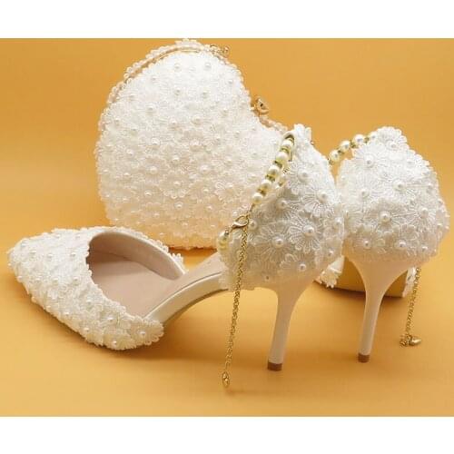 White Lace Flower Women Wedding Shoes Ankle Strap Sandals Ladies Pointed Toe Party Dress Shoes And Bag Bride High Thin Heel