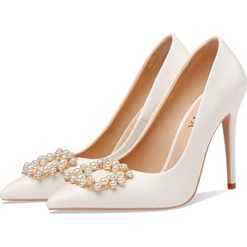 French Pearl Square buckle White High heel women Spring and Autumn Thin heel Temperament single shoes Wedding shoes bride shoes
