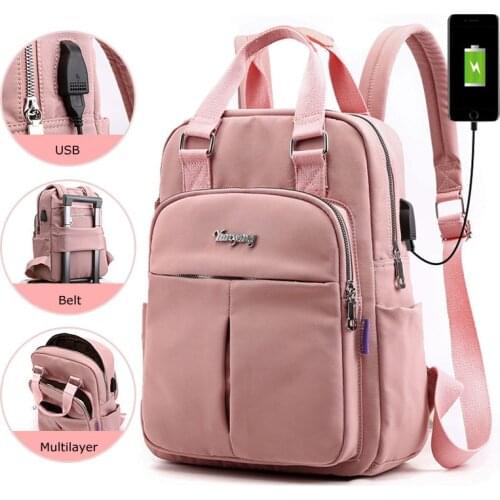 Top-Handle USB Charging Women Backpack Large Capacity Casual Travel Rucksack Preppy Student School Bag 14 inch Laptop Backpack