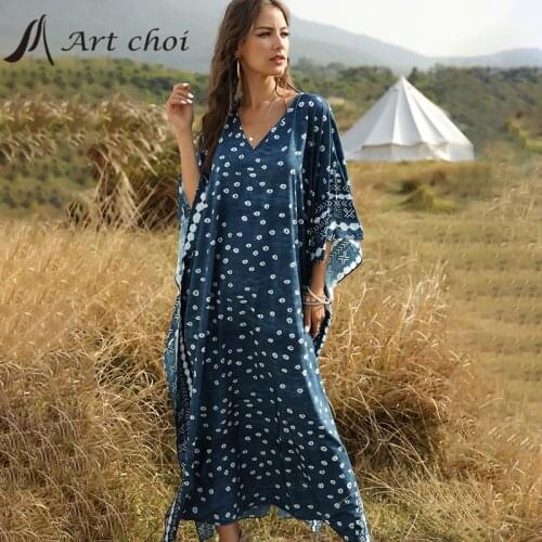 2021 Summer Beach Maxi Bohemian Dress Women Print Half Batwing Sleeve Loose Holiday Vestido Boho Dresses Moroccan Kaftan Robe