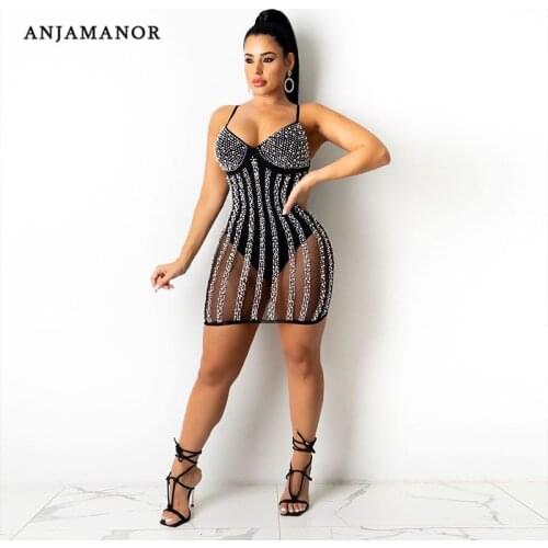 ANJAMANOR Sexy Sparkly Crystal Pearl Mesh Dress Birthday Photoshoot Dress Women Party Club Outfits Bodycon Mini Dresses D35-FC26
