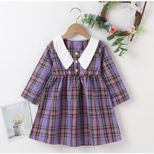 Winter 2021 New Arrivals Girls Dress Long Sleeve White Collar Single Breasted Purple Plaid Streetwear Dresses Vestidos 18M-6T