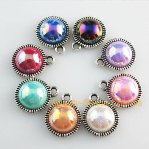 16 New Charms Mixed Acrylic Flatback Round Pendants Tibetan Silver Tone 12.5x15mm