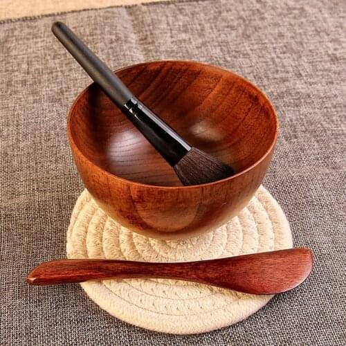 3Pcs DIY Wooden Beauty Face Mask Mixing Bowl Set Tool with Brush Spatula Compact Wooden Mask Mixing Tools Face Mask Spatula
