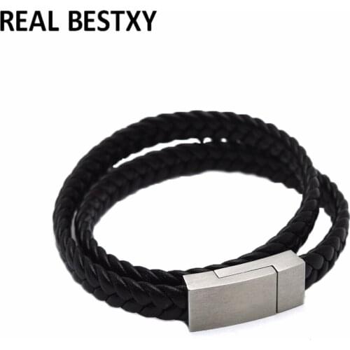 5pcs/lot engrave logo Leather Bracelet Men Stainless Steel Head Charms Bangles Multilayer Rope Wristband Male Gothic Jewelry