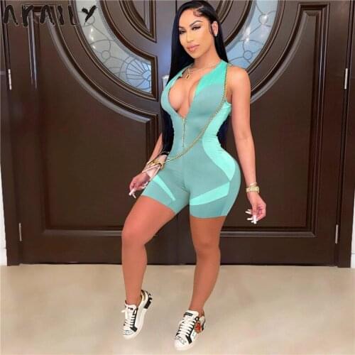Akaily Streetwear Rompers Womens Jumpsuits Black Shorts Fitness Sleeveless One Piece Outfits Zipper Sexy Bodycon Jumpsuit Female