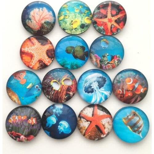 Free shipping (14pcs/lot)Cute Sea Animal Crystal Glass Fridge Magnet Round Cartoon Fish message sticker for whiteboard kids gift