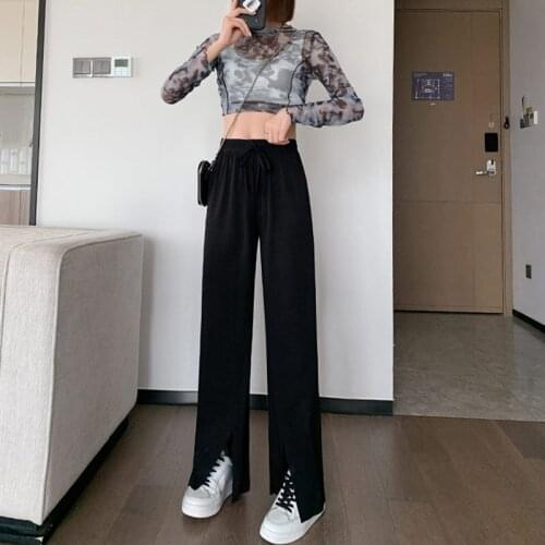 Summer Polyester Womens Pants Sashes Belt Open Fork High Waist Loose Solid Thin Fashion Casual Pants
