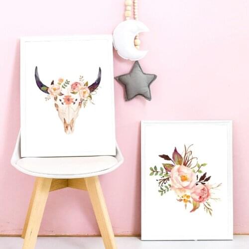 Boho Flowers Bull Skull Print Nursery Decor Wildflowers Plants Pink Floral Watercolor Wall Art Canvas Painting Poster Home Decor