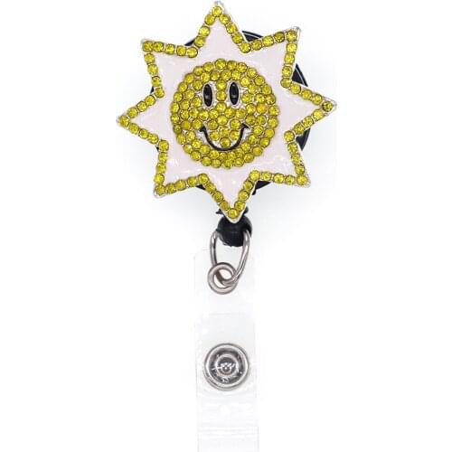 30pcs/lot Rhinestone Pentagram Flower ID Card Holder Alloy Material Retractable Badge Reel