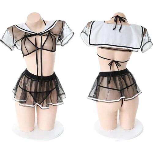 Drop Ship Women Sailor Uniform Lingerie Set Sailor Collar Shirt Top + Black Perspective Skirt Underwear Anime Costumes