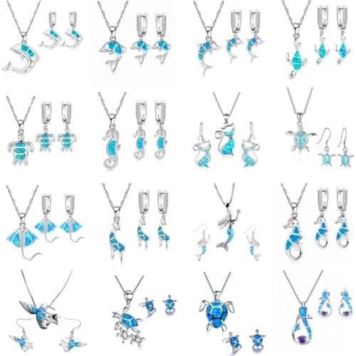 FDLK 16 Styles Cute Animal Design Blue Imitation Fire Opal Zircon Necklace With Earrings Jewelry Set For Women Accessories