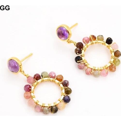 GuaiGuai Jewelry Rainbow Tourmaline Gold Color Hoop Amethyst Stud Earrings For Women Girls Gift