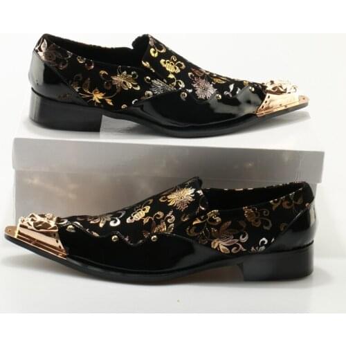 Italian Metal Pointed Toe Mens Dress Shoes Genuine Leather Black Luxury Wedding Shoes Floral Print Men Flats Office Formal Shoe