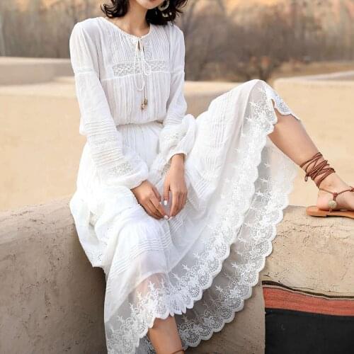 Jastie 2020 Spring Autumn Women Maxi Dresses Hollow Embroidery Patchwork Lace White Dress Boho Beach Long Dress Vestidos