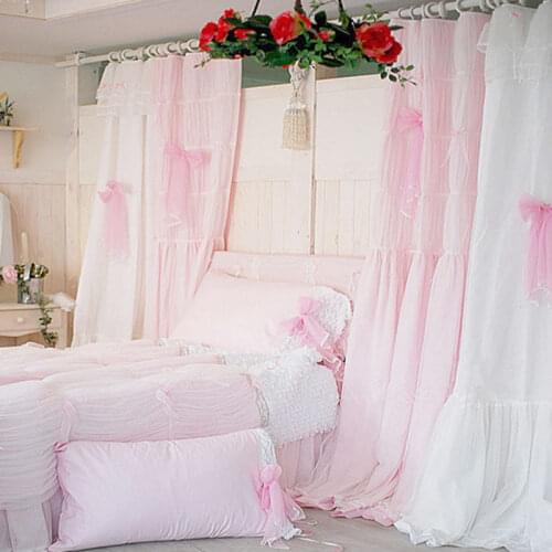 Quality pink/white princess lace curtain for living room window curtains wedding decoration sweet bow volie cortinas customized