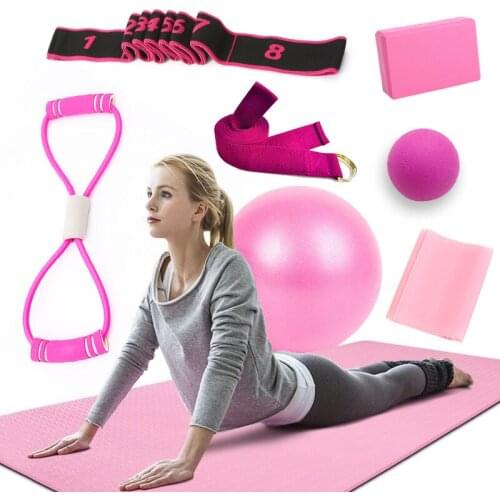 HOT Fitness Gym Accessories For Men Women Yoga Resistance Bands Pilates Ball Home Block Brick Trainning Exercise 7Pcs Sets