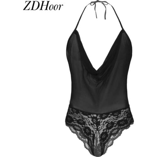 Mens Exotic Sissy Lingerie One-piece Halter Lace-up Mesh See-through Babydoll Dress Gay Male Sexy Bodysuit Sleepwear Nightwear