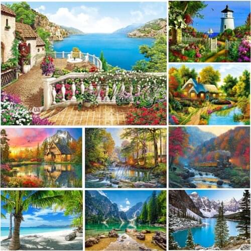 FULLCANG natural scenery house 5d diy diamond painting cross stitch full square round drill diamond embroidery kits FC3542