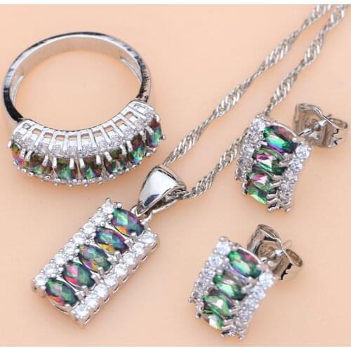 Mystic Rainbow Fire Zircon Women 925 Sterling Silver Jewelry Set Wedding Earrings/Pendant/Necklace/Rings Free Gifts Box