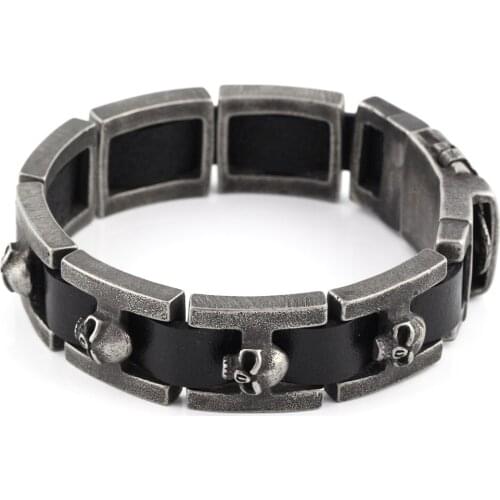 2016 New Genuine leather bracelet men stainless steel Bracelet High Quality skull bracelets for men