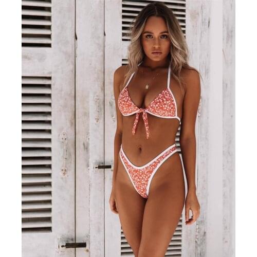 Sexy Pink Printing Floral Bikini Set Women Push Up Padded Bra Halter Straps Bandage Swimsuit Triangle Swimwear Bathing Suit