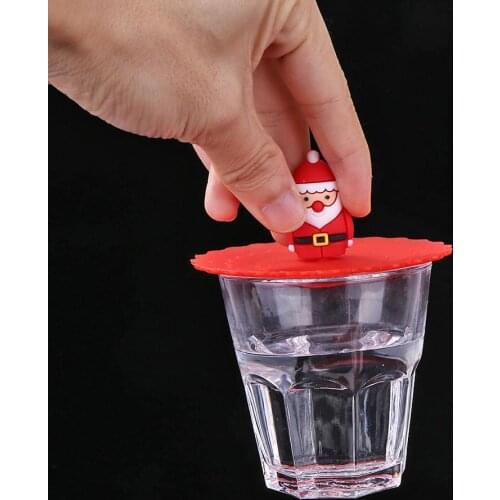 Santa Claus Cup Cover Transparent Red Cherry Silicone Cup Cover Leakproof Reusable Cartoon Lid Bear Mug Insulation Dust Cover