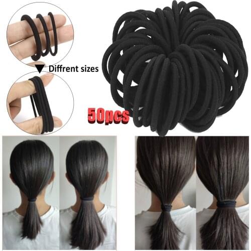 50pcs Elastic Hairbands Basic Hair Ties Black Rubber Bands for Women Girls Hairband Ponytail Holder Different Sizes