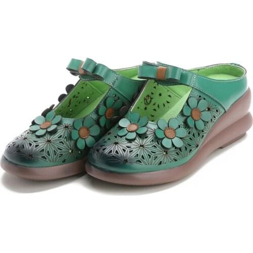 Flower Slippers Hollow Out Genuine Leather Shoes Handmade Slides Flip Flop Female Breathable Green Sandal Women Woman Slippers