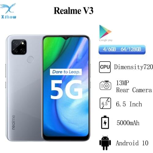 Realme V3 5G mobile phone 6GB RAM 64GB ROM Cellphones Dimensity 720 Octa Core 5000mAh Battery 18W Fingerprint Smartphone