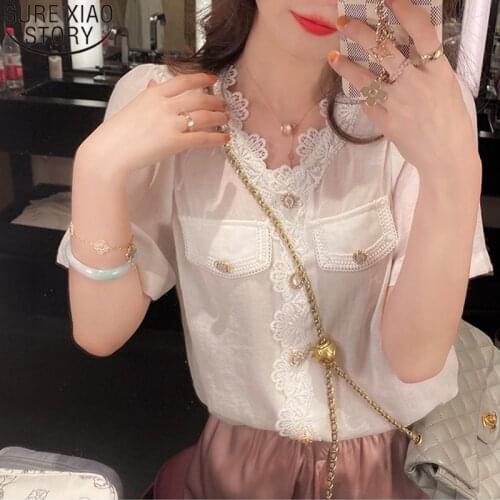 French Style White Lace Blouses Women Shirts Summer Chic Short Sleeve Shirt Elegant V-neck Pocket Apricot Tops Clothes 16047