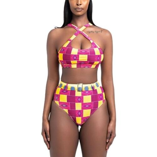 Ladies Summer Split Swimwear Set Adults High Waist Back Strap Creative Geometric Printing Sexy Backless Bikini Swimsuit