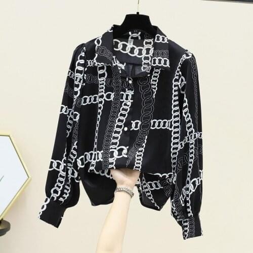 Fahsion Chiffon Long Sleeve Tops Women Spring Autumn New Chain Elegant Temperament Polo-Neck Blouses Mujer Blusas MM0825