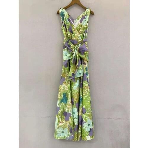 2021 Summer Fashion Silk Long Dress High Quality Women Sexy V-Neck Green Leaves Print Wide Belt Deco Sleeveless Long Maxi Dress
