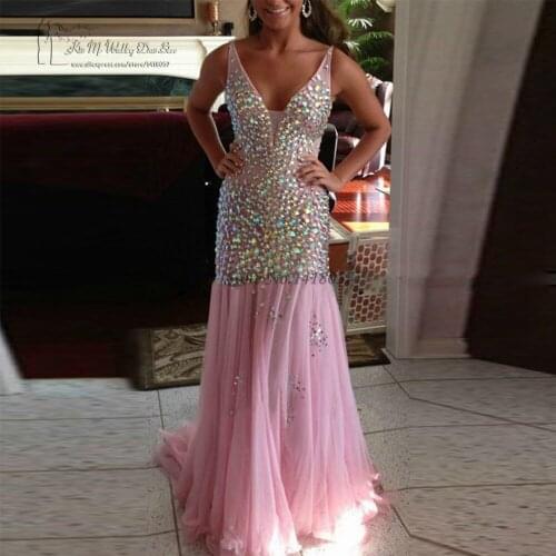 Vestido Longo de Festa Pink Abendkleider Rhinestones Evening Party Dress Long Crystals Prom Dresses 2017 Women Formal Courte