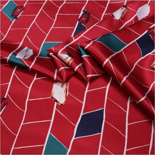 138cm*100cm Diamonds Printed Red Natural Silk Fabric Stretch Satin Spandex