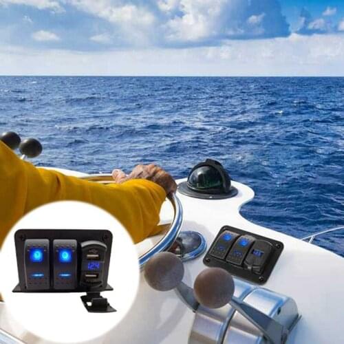 2 Gang 12-24V Rocker Switch Panel with 4.2A Dual USB Charger Digital Voltmeter Waterproof for Car Marine Boat Yacht