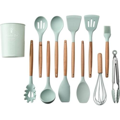 2 sets Silicone Cooking Utensils Wooden Handles Cooking Tool Non Toxic Tongs Spatula Spoon Kitchen Gadgets Nonstick Cookware