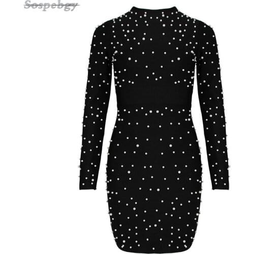2021 Fall Elegant Retro Womens New Full Sleeve O-neck Pearl Embellished Bodycon Bandage Dress Party Cocktail Club Dresses